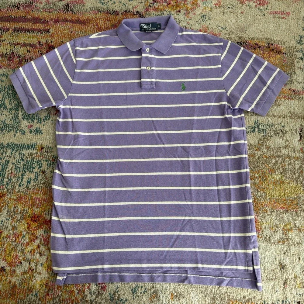 Vintage Y2K Polo Ralph Lauren Striped Polo Shirt Large Purple White Green Pony